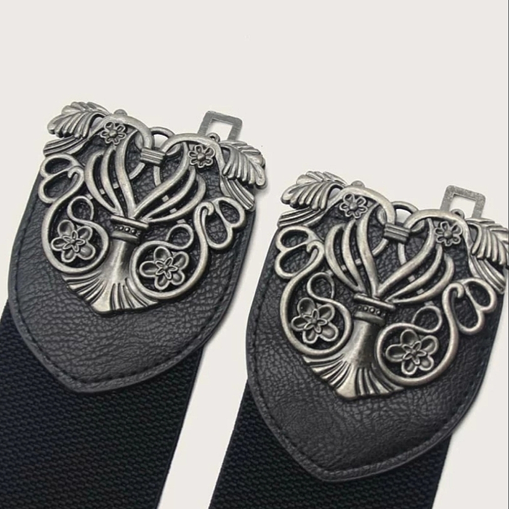 Black floral buckle corset boho elastic wide waist goth party dress belt - Picture 13 of 16
